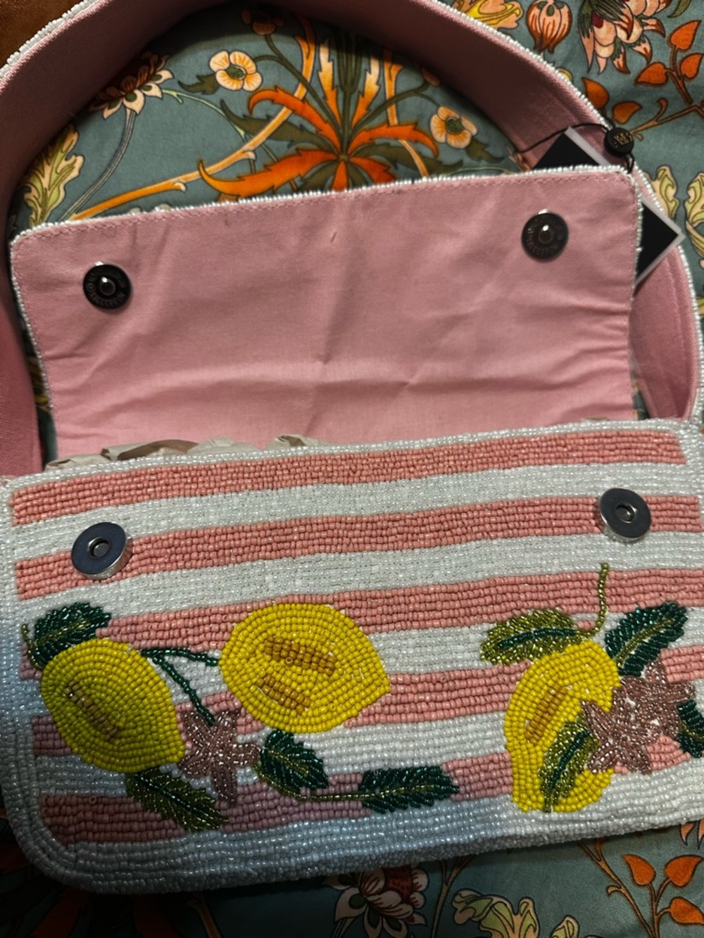 Pink Beaded Lemon Stripe Shoulder Bag - Picture 3 of 8